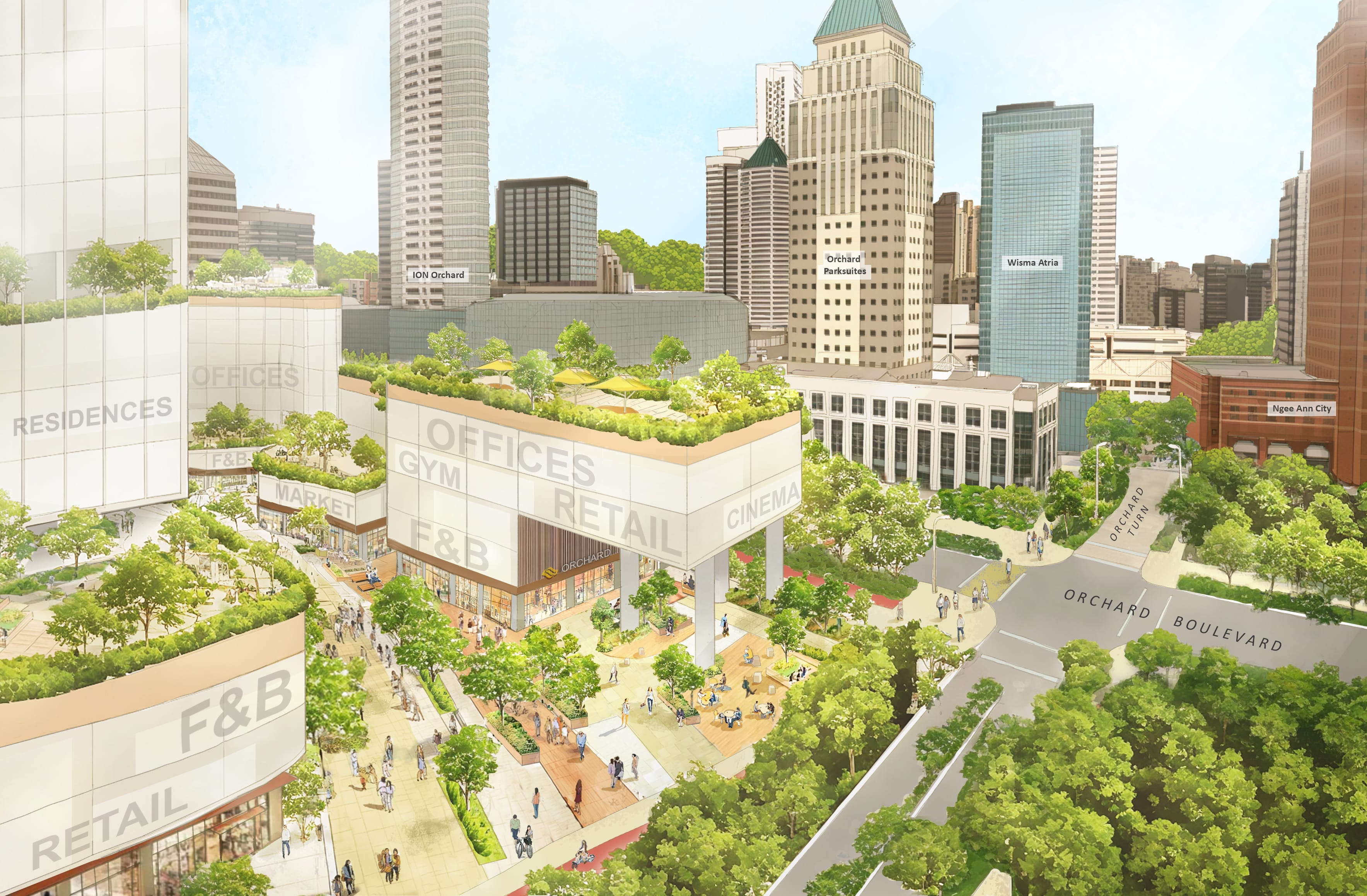 Architectural rendering of a multi-use development with retail, residences, offices, and green spaces in an urban setting.